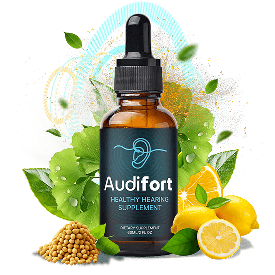 Audifort bottle surrounded by botanical ingredients and lemon