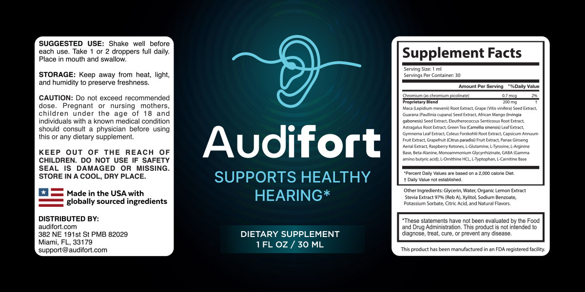 Audifort product label with suggested use, caution and Supplement Facts information