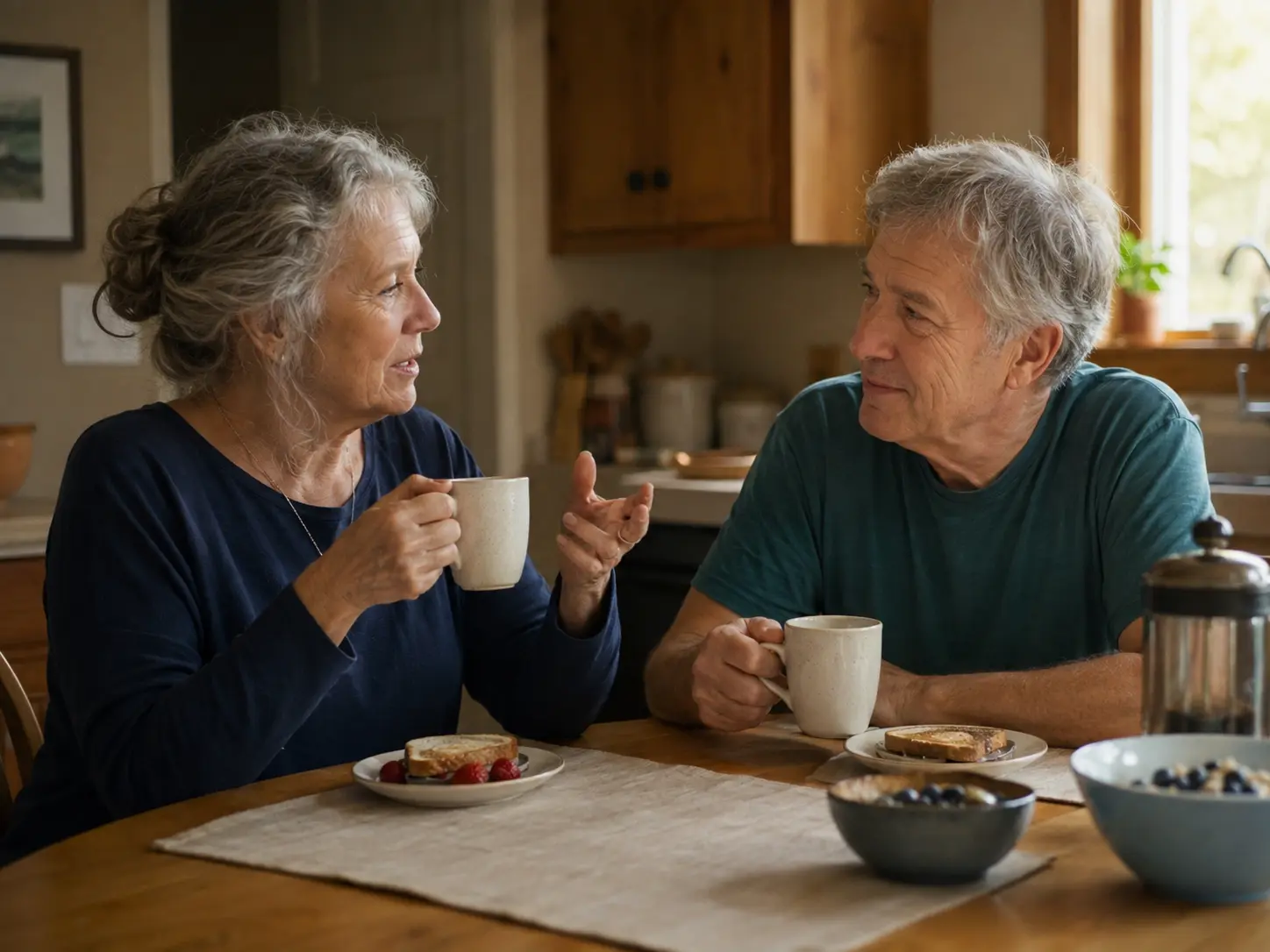 Mature couple sharing a warm, attentive breakfast conversation